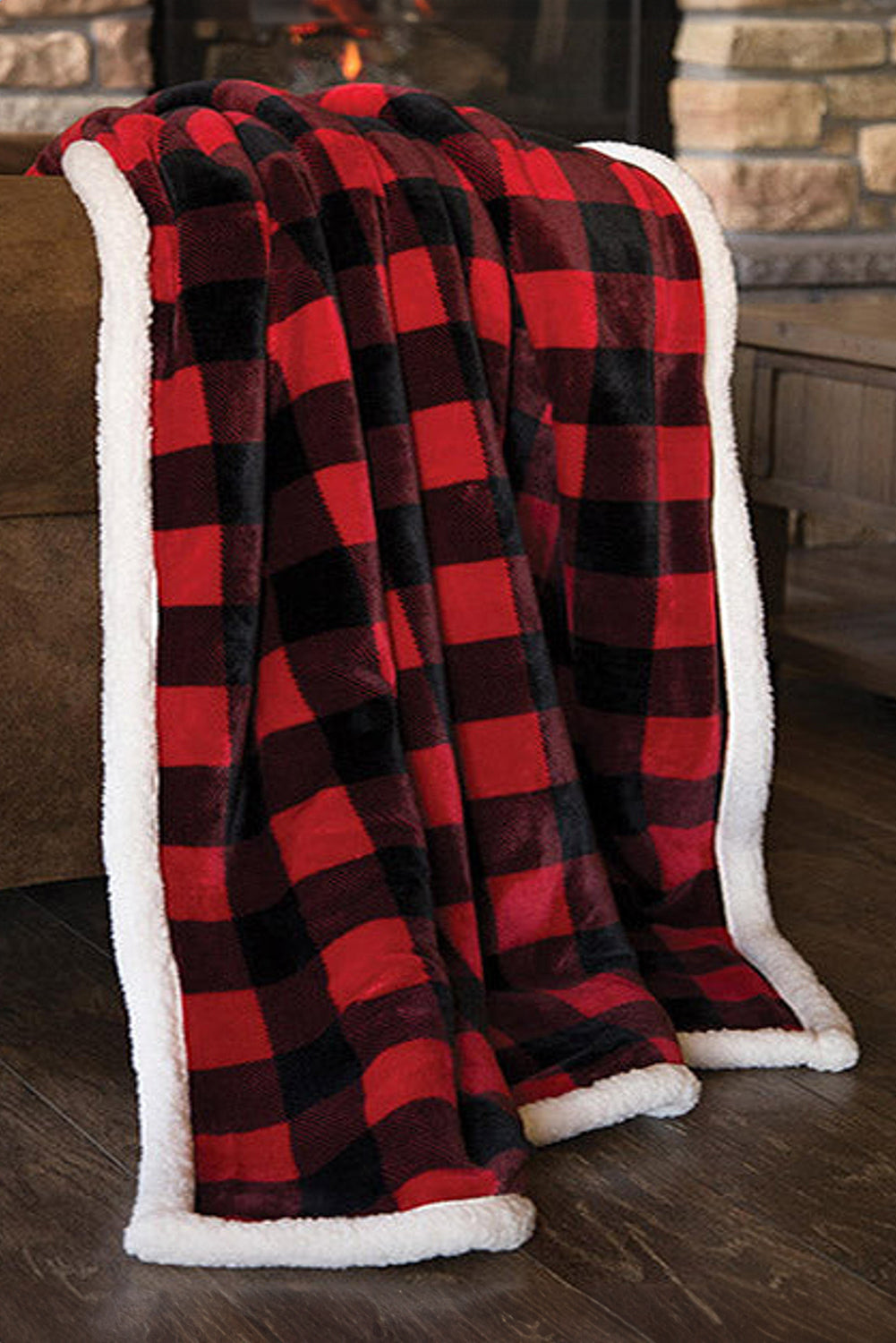 Fiery Red Buffalo Plaid Print Sherpa Large Throw Blanket