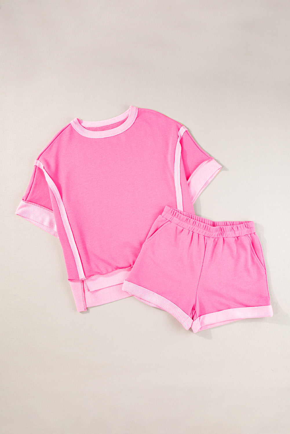 Sachet Pink Terry Cloth Patchwork Oversized Top & Shorts Set