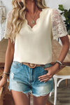 Beige Scalloped Edge Lace Patchwork Sleeve Blouse