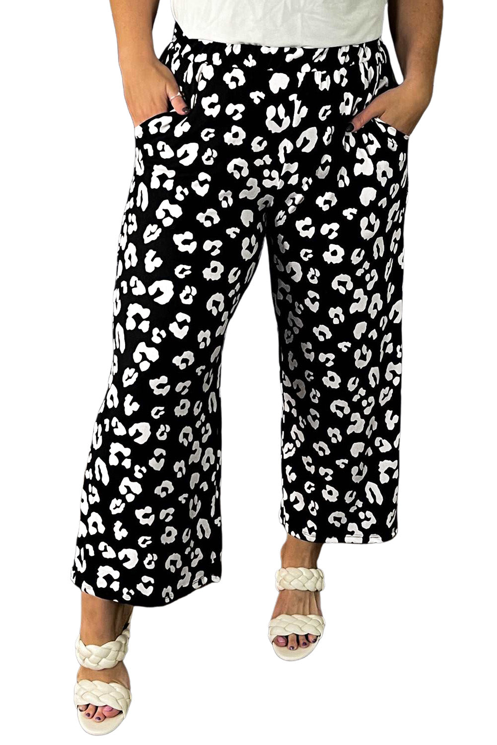 Leopard Print Wide Leg Pockets Plus Size Pants