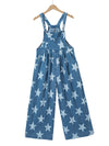 White Star Print Button Strap Pleated Wide Leg Denim Overall