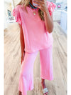 Pink Textured Pearl Ruffle Sleeve Wide Leg Two Piece Pants Set