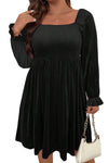 Black Velvet Flounce Sleeve Shirred Bodice Plus Size Babydoll Dress