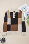 Multicolor Colorblock Cable Knit Sleeve Buttons Collared Sweater