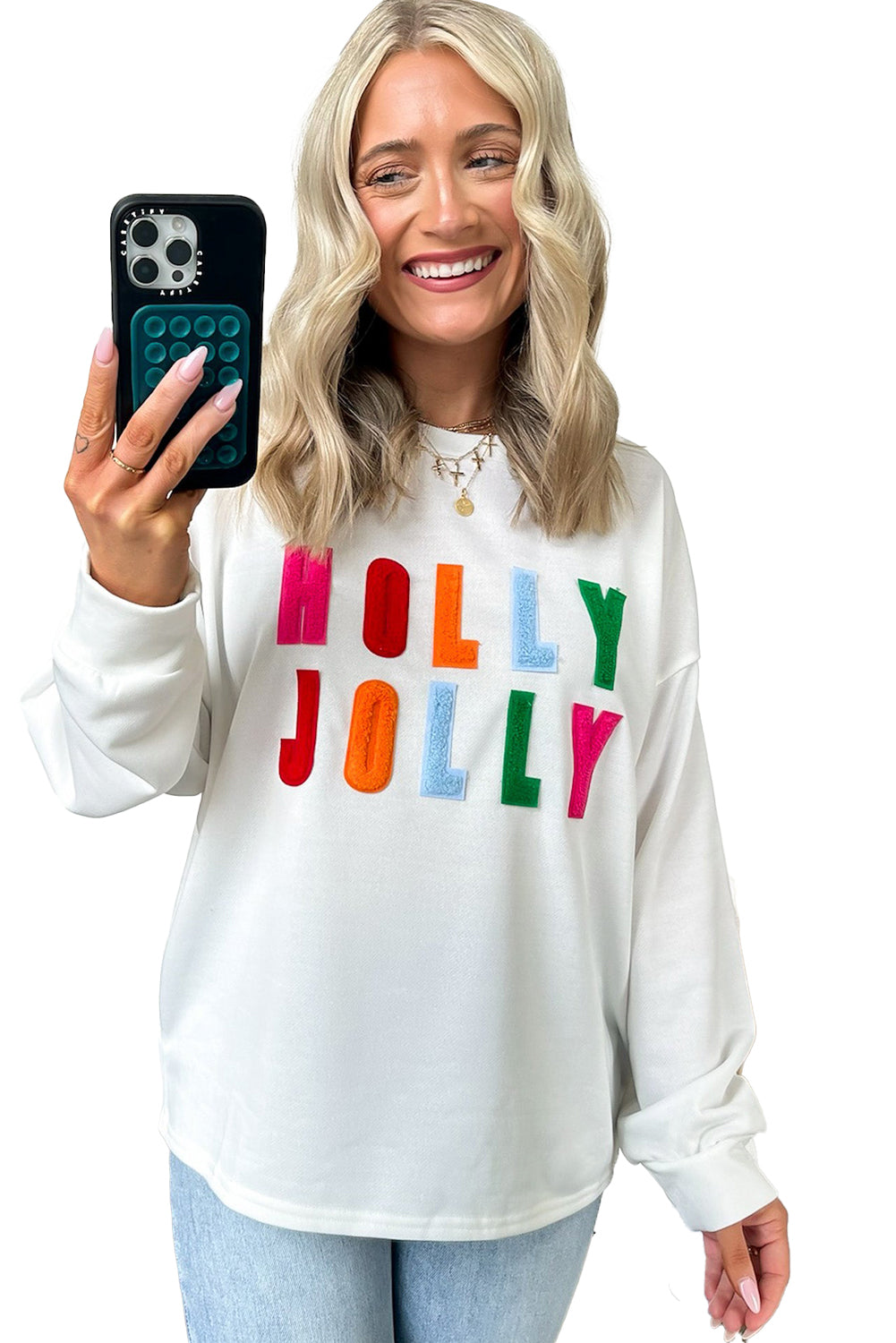 White Chenille Holly Jolly Graphic Long Sleeve Top