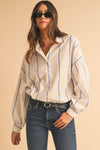 Sky Blue Stripe Drop Shoulder Bubble Sleeve Loose Shirt