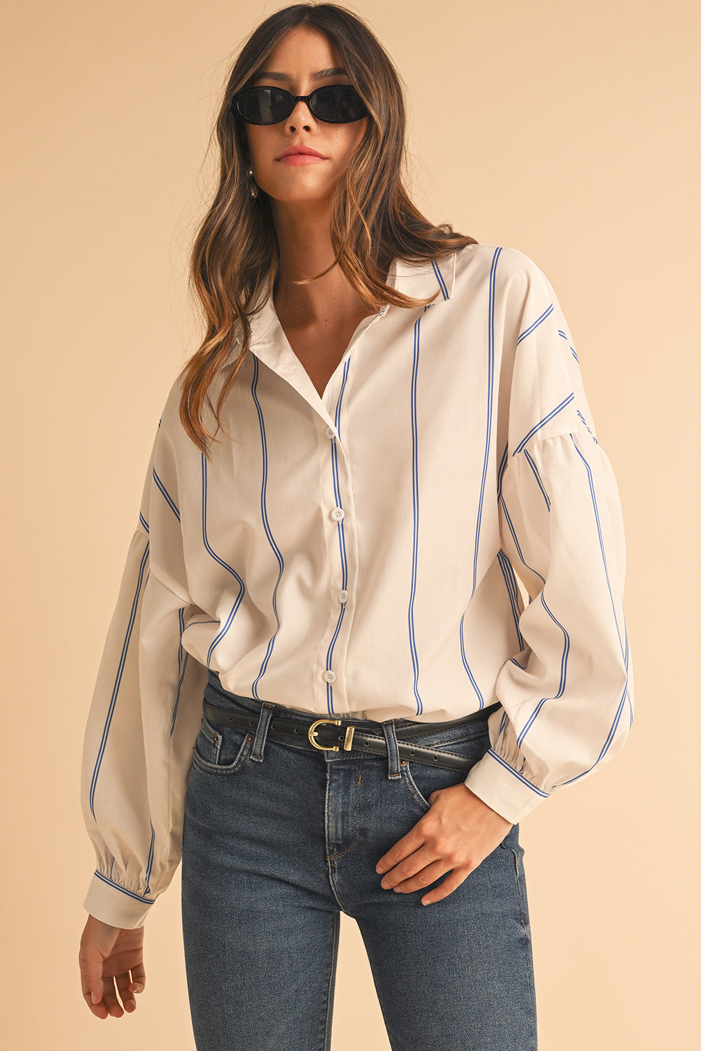 Sky Blue Stripe Drop Shoulder Bubble Sleeve Loose Shirt