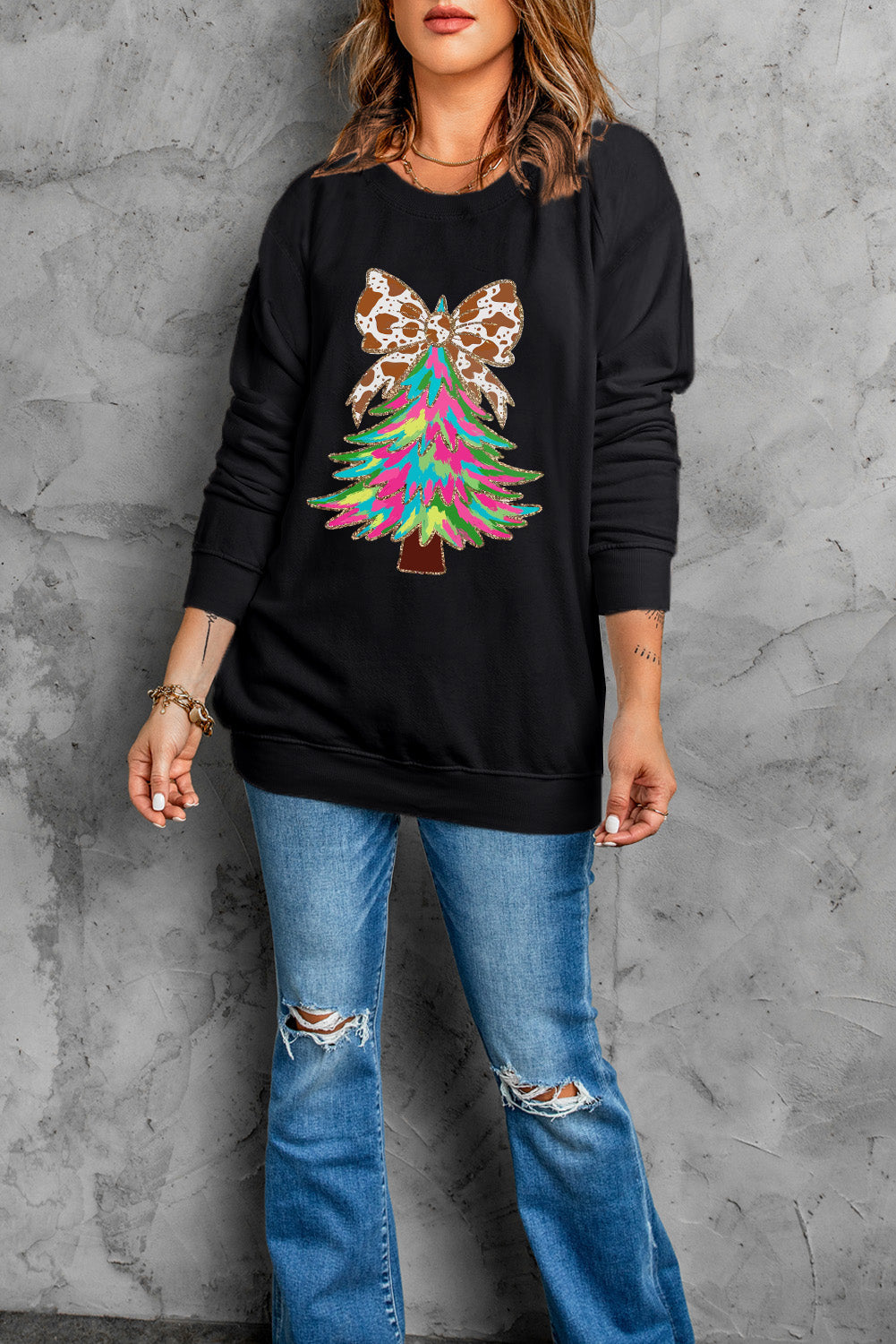 Black Shiny Bowknot Christmas Tree Graphic Round Neck Sweatshirt