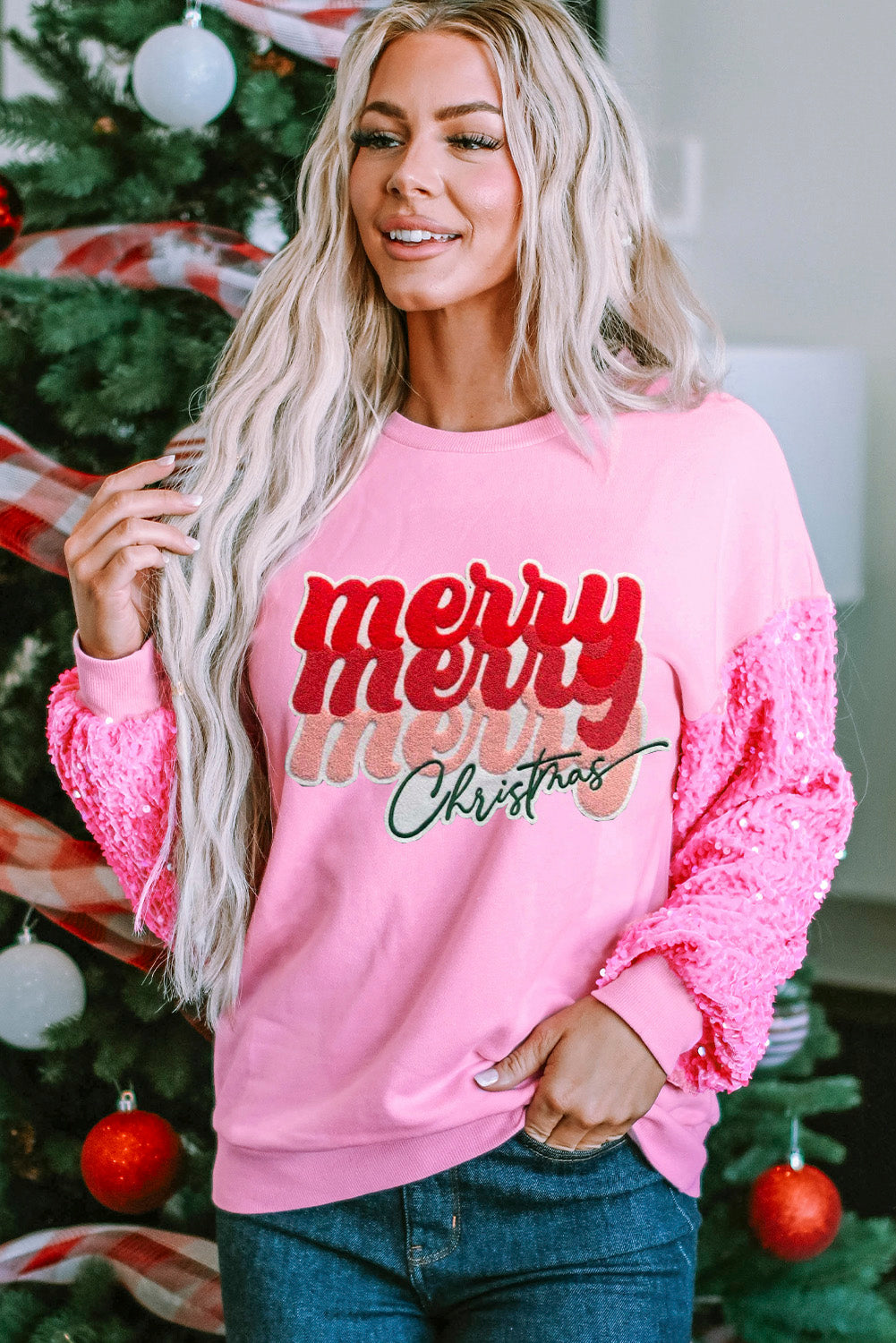 Pink Merry Christmas Graphic Sequin Sleeve Patchwork Top