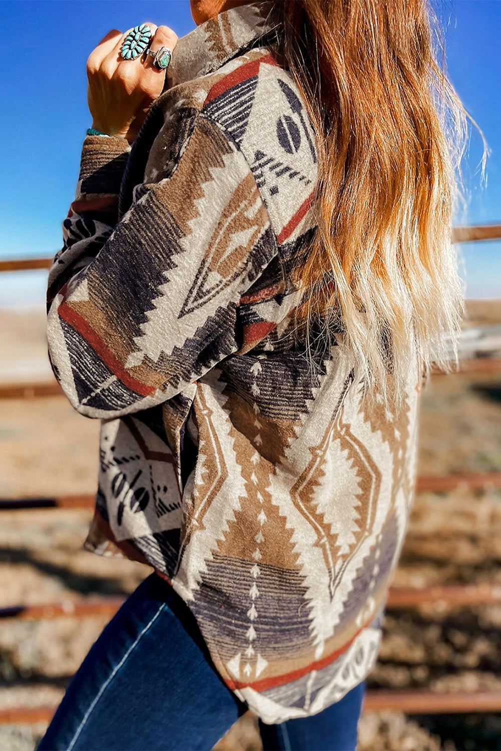 Brown Geometric Print Henley Collared Sweatshirt