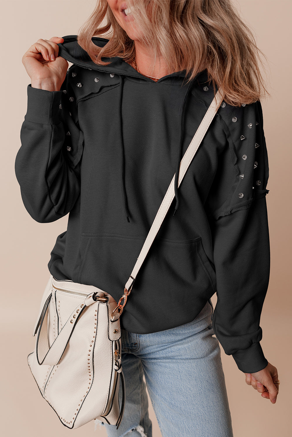 Black Stud Detail Kangaroo Pocket Drawstring Hoodie