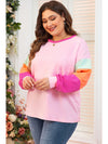 Pink Colorblock Long Sleeve Plus Size Top