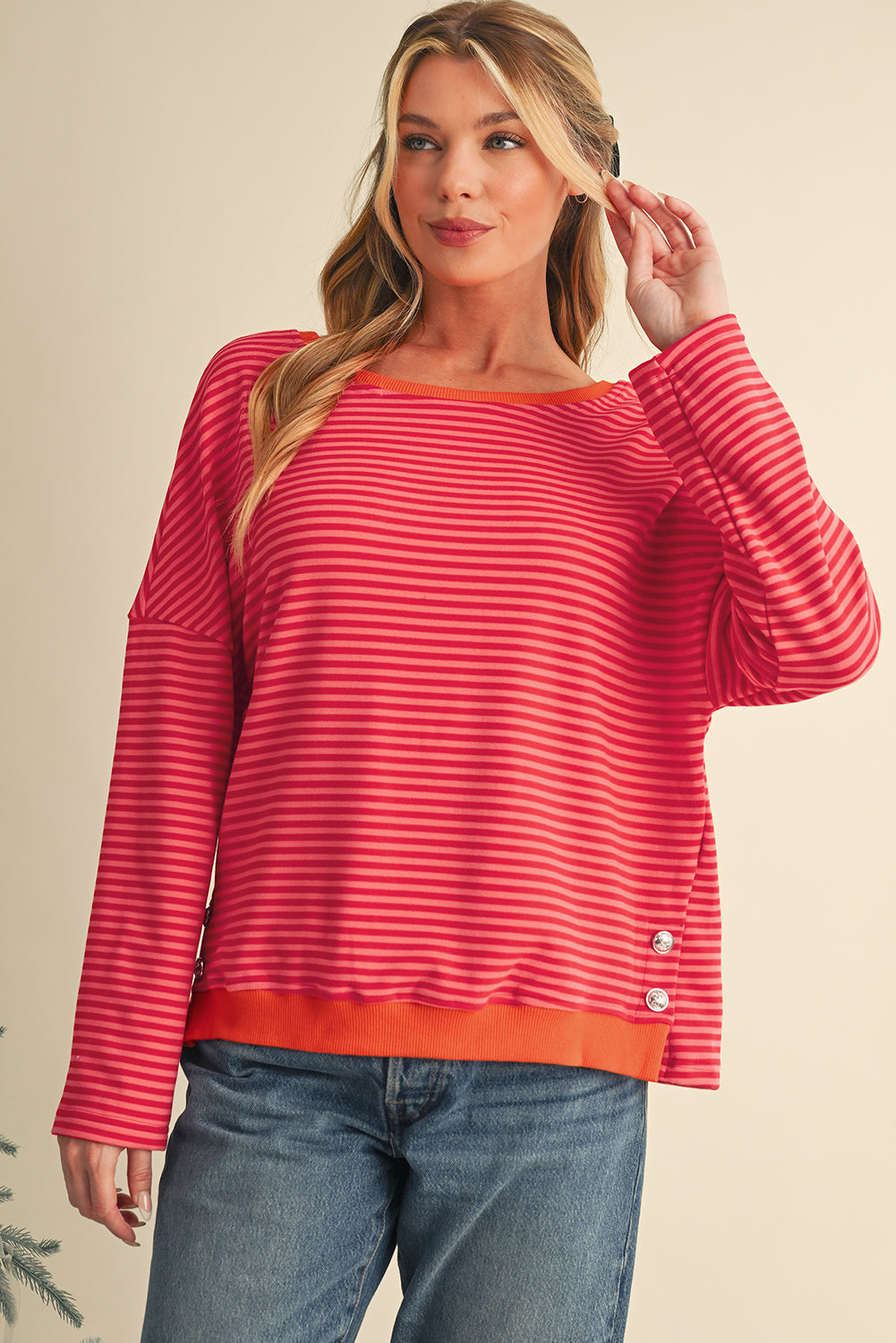 Tomato Red Two Tone Striped Side Buttons Drop Shoulder Top