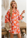 Black Floral Print Lapel Collar Loose Shirt Mini Dress