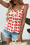 Red Heart Print Bow Front Peplum Sleeveless Top