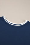 Navy Blue Loose Contrast Trim Half Sleeve Top and Drawstring Pants Set