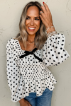 Black Polka Dot Bow Square Neck Ruched Peplum Blouse