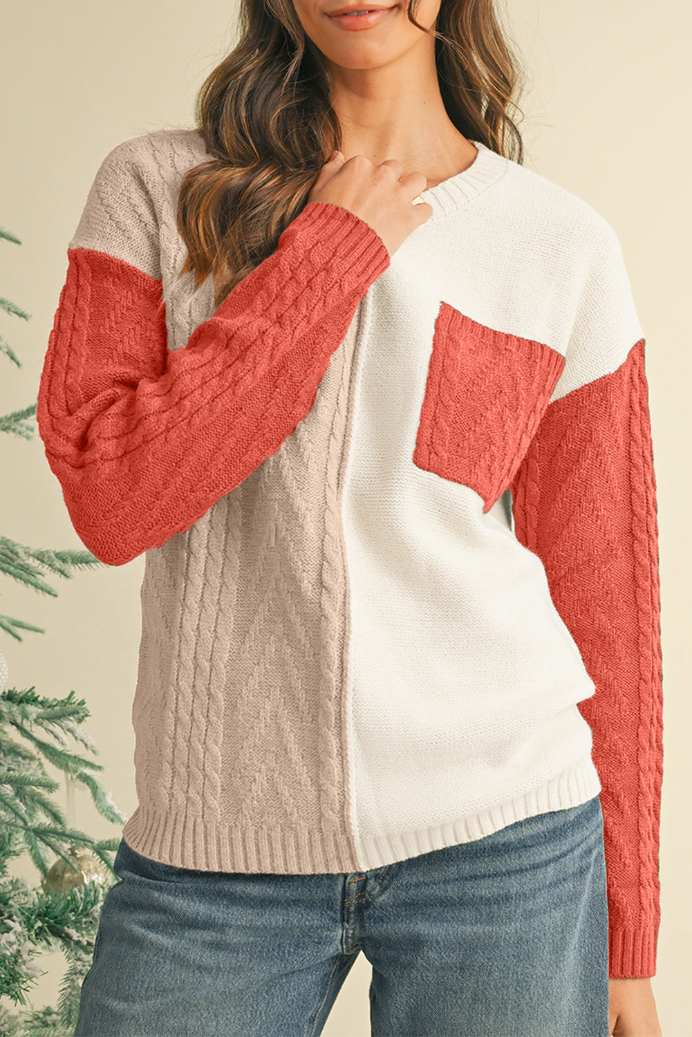 Rose Tan Colorblock Pocket Drop Shoulder Sweater