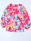 Pink Plus Size Graffiti Print Split Neck Puff Sleeve Blouse