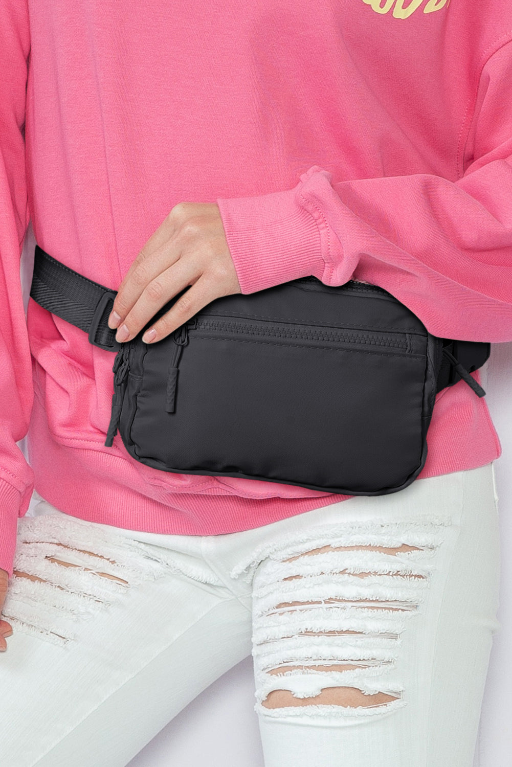 Black Wide Belt Zipped Square Crossbody Bag