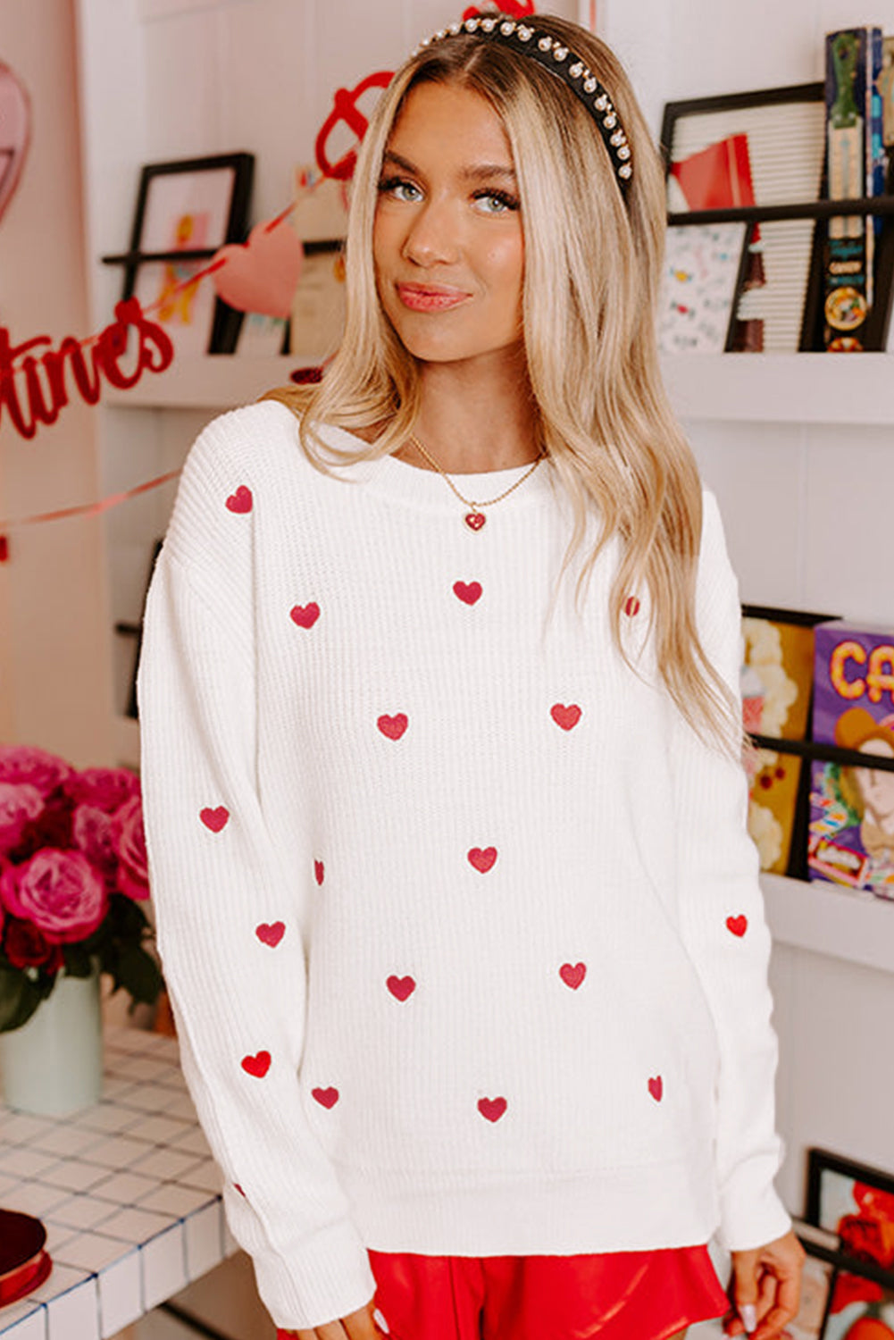 White Heart Pattern Drop Shoulder Round Neck Sweater