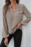 Khaki Geometric Print Notched Neck Long Sleeve Blouse