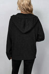 Black Button Up Drop Shoulder Knit Hooded Cardigan