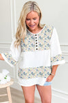 Sky Blue Floral Print Crinkle Patchwork Henley Blouse