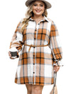 Khaki Plus Size Plaid Flounce Sleeve Button Up Shirt Dress