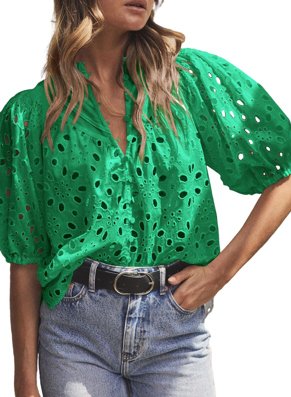 Bonbon Hollow-out Flower Embroidered Short Puff Sleeve Blouse