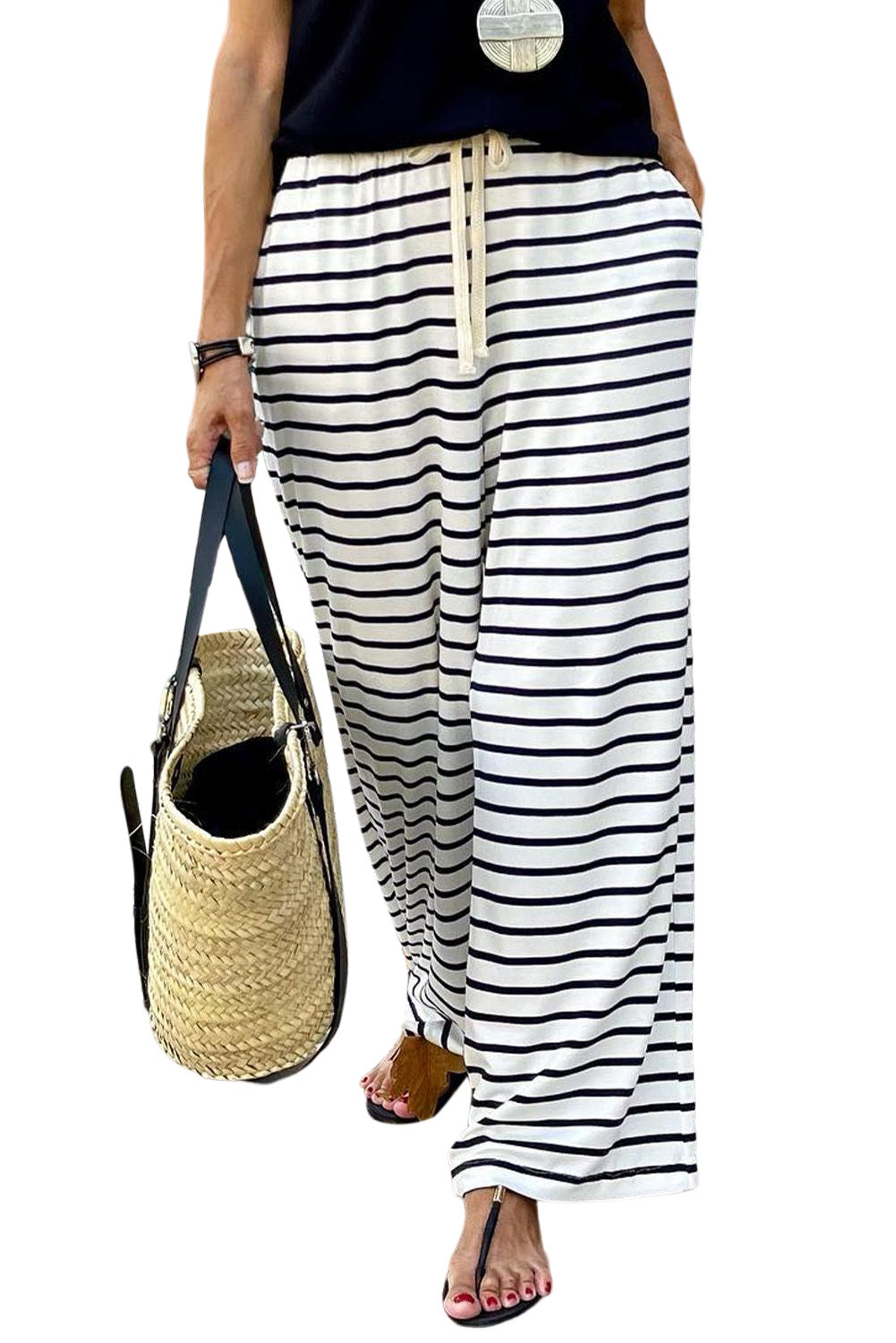 White Striped Casual Drawstring Wide Leg Pants with Pockets