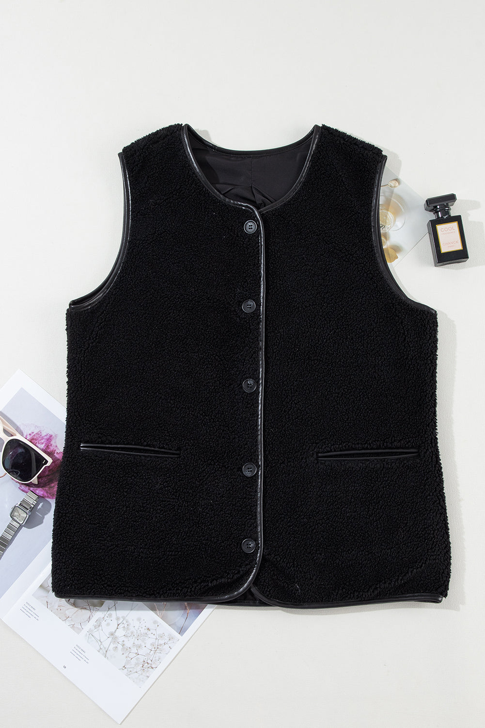 Camel Fleece Leather Side Pockets Button Up Vest