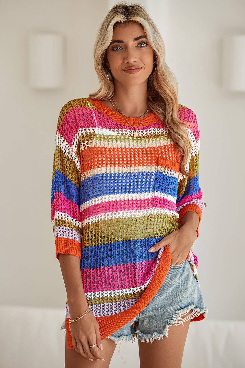 Pink Striped Color Block Hollow Crochet 3/4 Sleeve T Shirt