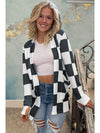 Black Checkered Waffle Knit Thumbhole Long Sleeve Cardigan