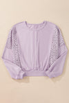 Parchment Crochet Patchwork Exposed Seam Ribbed Trim Sweatshirt