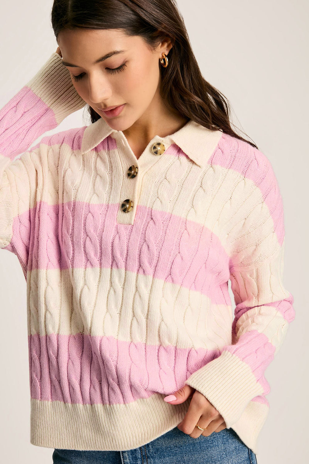 Pink Colorblock Button Collar Twisted Cable Knit Sweater