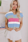 Light Blue Colorblock Notch V Neck Knit T Shirt