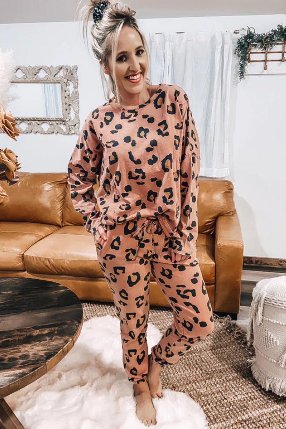 Apricot Pink Leopard Print Long Sleeve Top and Drawstring Pants Set