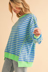 Sky Blue Stripe Contrast Trim High Low Tunic Sweatshirt