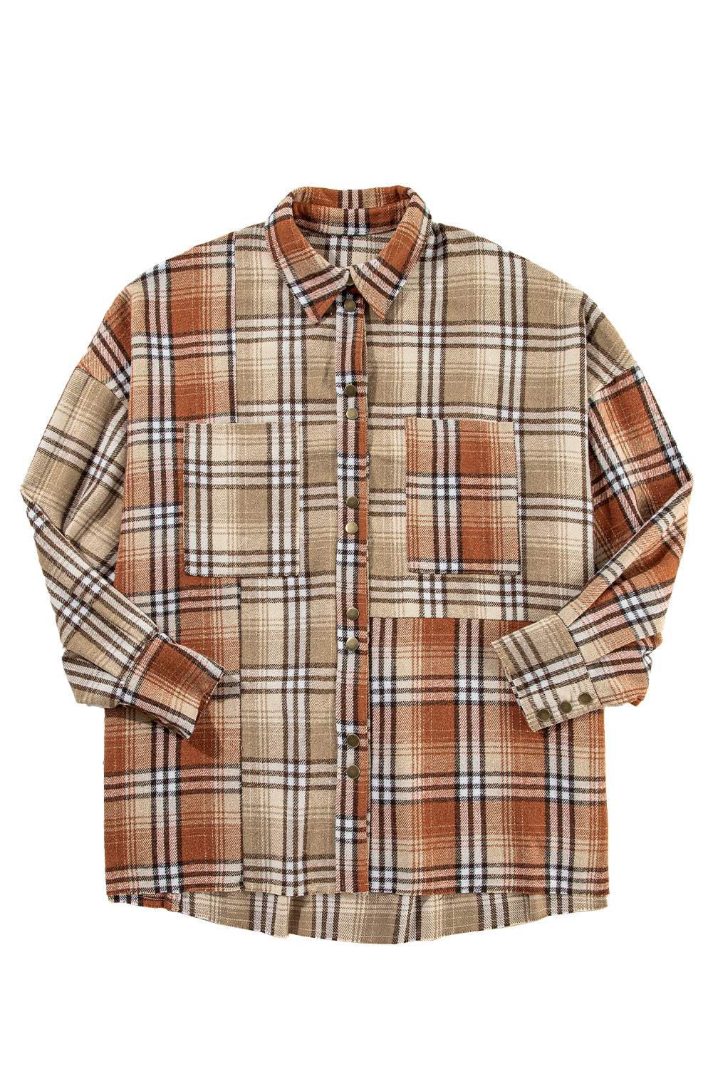 Khaki Plaid Pocket Colorblock High Low Shacket