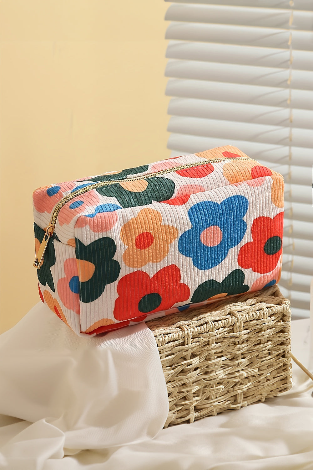 White Cute Flower Print Zipper Square Corduroy Cosmetic Bag