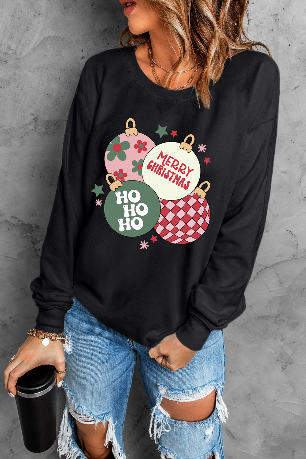 Black MERRY CHRISTMAS Graphic Round Neck Sweatshirt