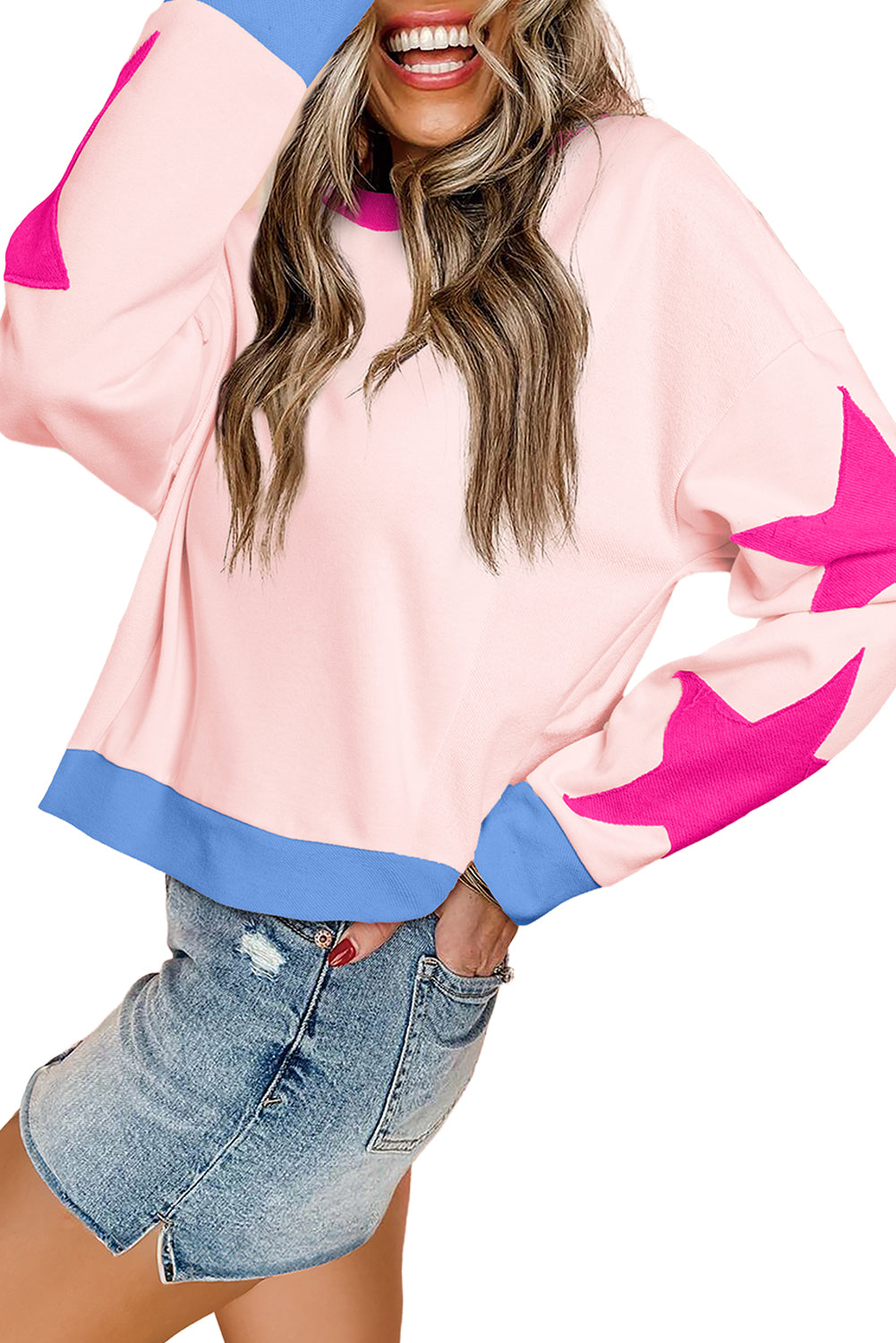 Light Pink Star Patchwork Exposed Seam Oversized Sweatshirt