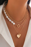 Gold 3pcs Layered Pearl Chain Bow Charm Necklace Set