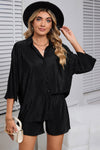 Black Plain Button Up Shirt and High Waisted Shorts Loungewear Set