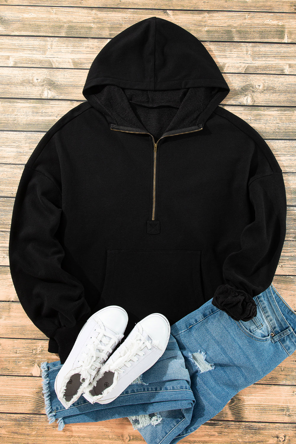 Smoke Green Half Zipper Kangaroo Pockets Drop Shoulder Hoodie