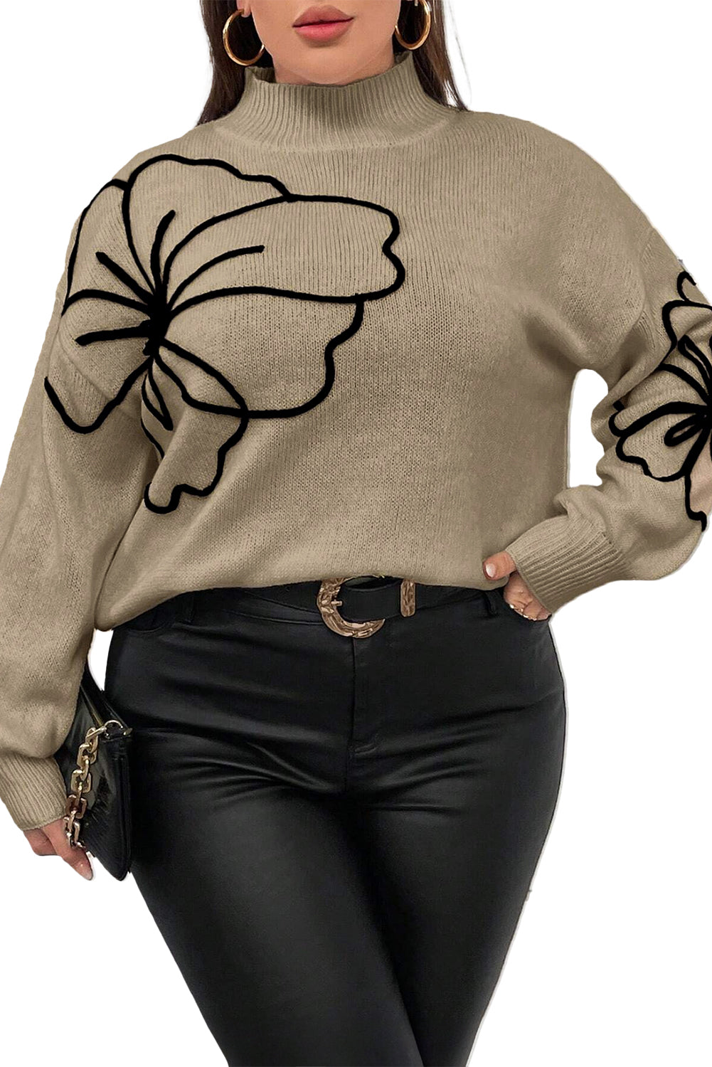 Dark Khaki Plus Size Flower Pattern High Neck Drop Shoulder Sweater