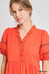 Umgee Short Sleeve Lace-Trim Ruffled Midi Dress