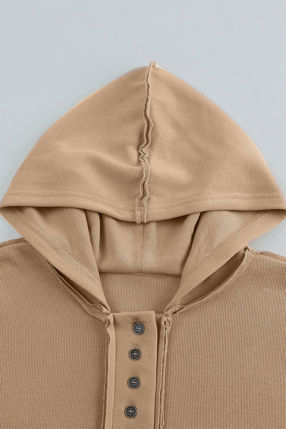 Khaki Solid Color Casual Button Seam Trim Hoodie