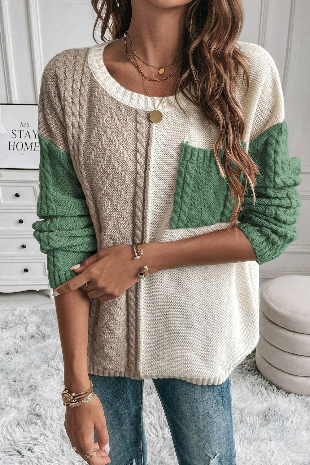 Rose Tan Colorblock Pocket Drop Shoulder Sweater